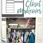 Drawing of DIY closet organizer and before photo of the messy kids closet.