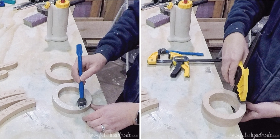 Glueing the two small top pieces of the DIY light fixture.