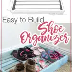 3D drawing and picture of final built shoe organizer tray.