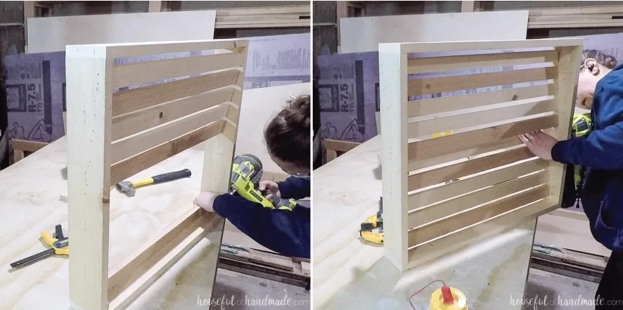 Attaching the slats of the back row flush with the angled line. 