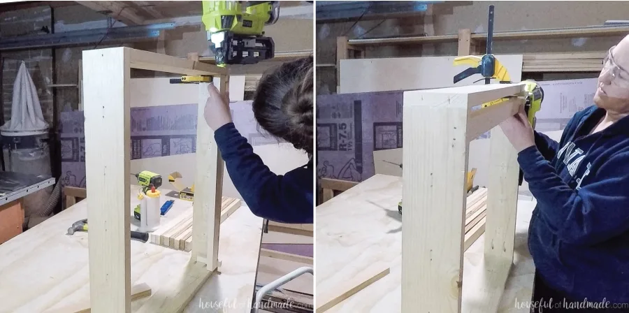 Attaching the first row slat to the inside of the frame with a finishing nail gun. 