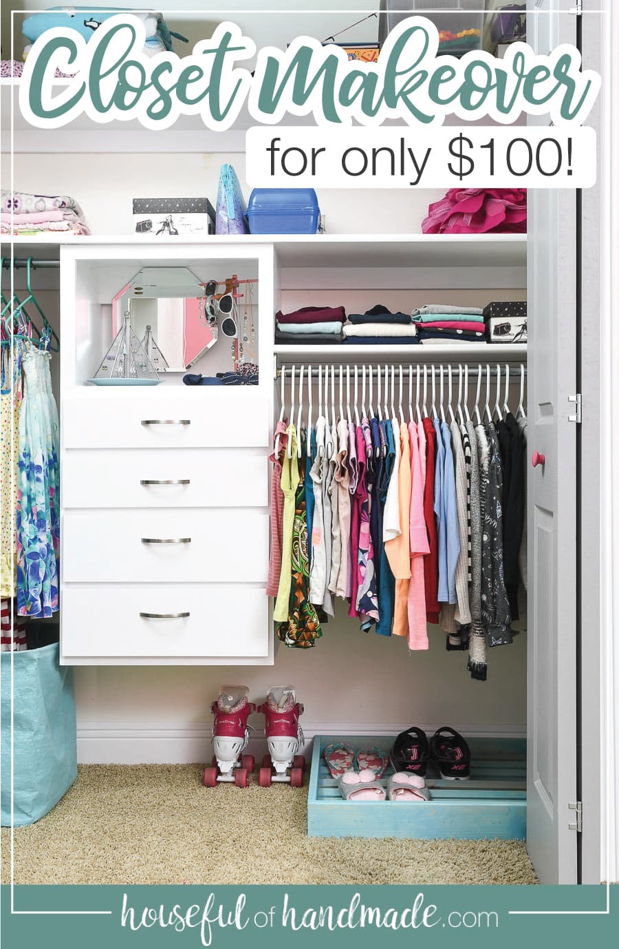 Picture of the kids closet with closet organizer and shoe storage with text overlay 