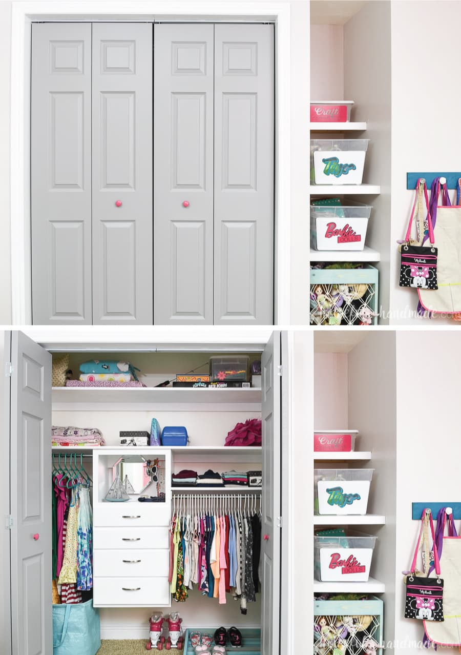 Picture of the closet with the doors closed above picture with the closet doors open showing the organized space. 