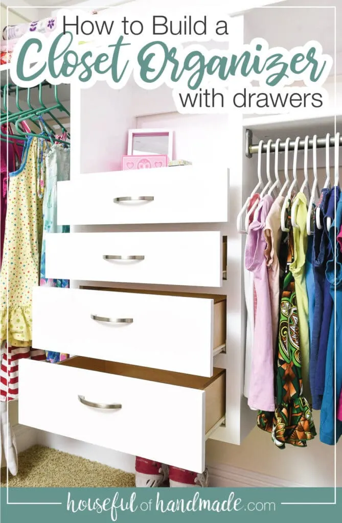 Closet organizer with drawers open in a kids closet. 