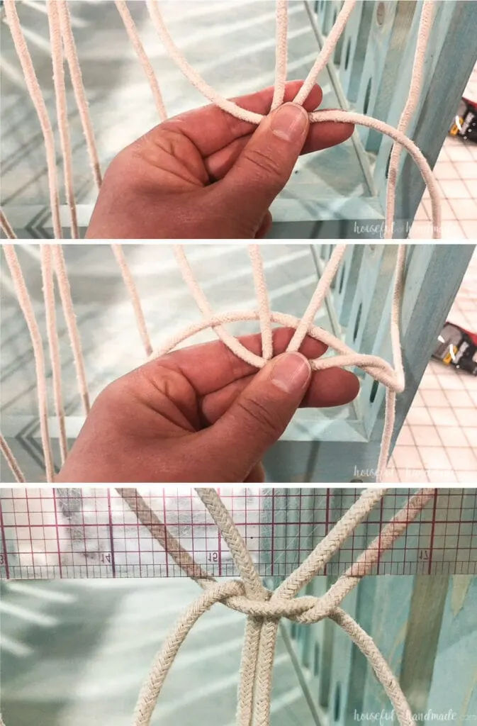 The first steps of tying the macrame net knots. 