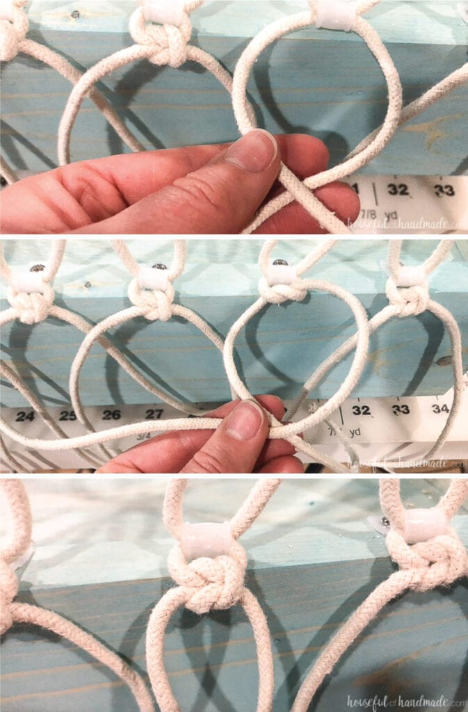 Tying a square knot around the cable clip on the bottom of the stuffed animal storage. 