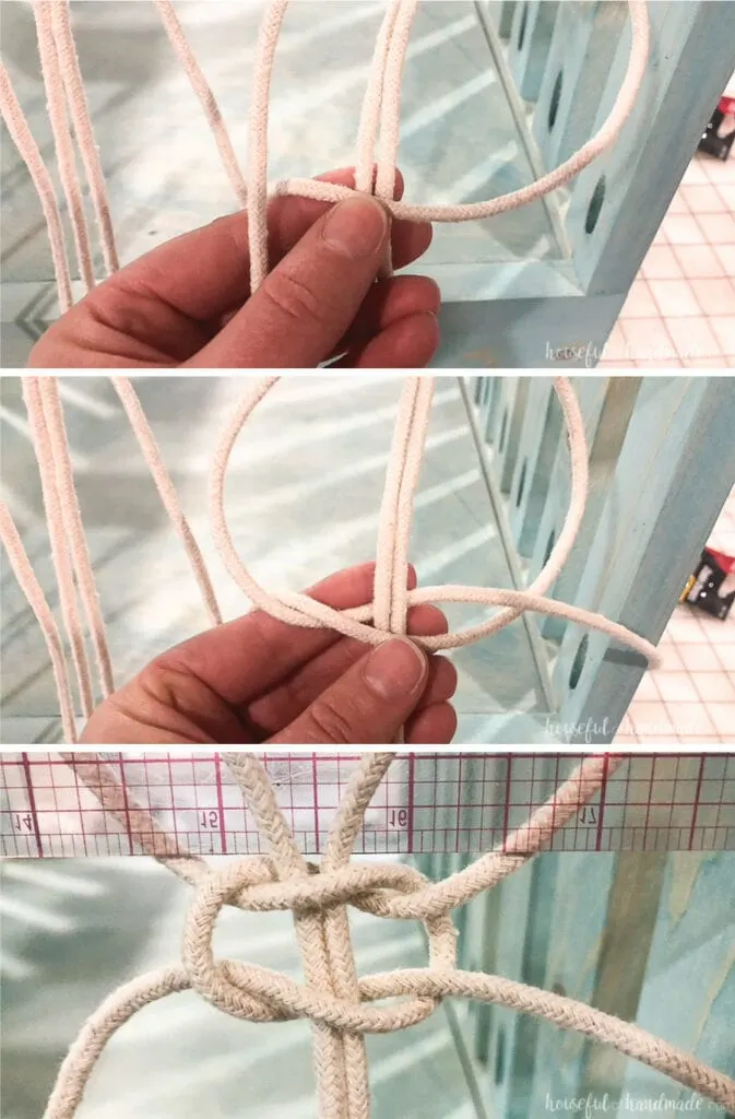 The second steps of tying a square knot around the macrame cords. 