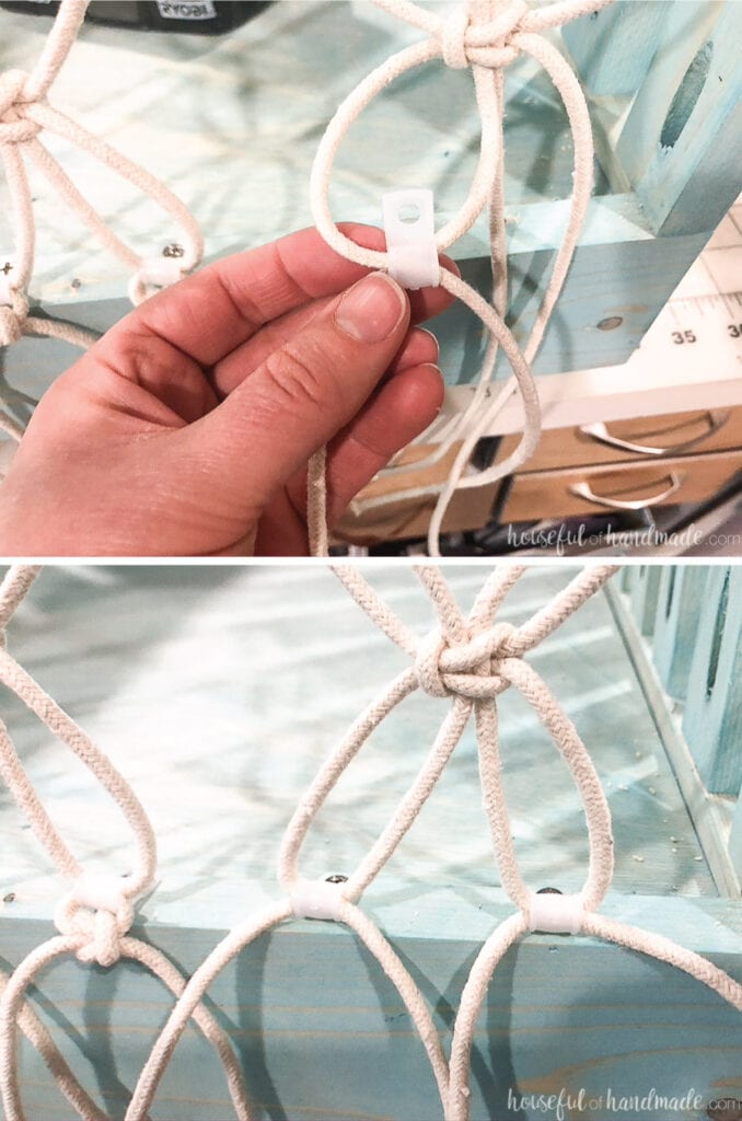 Securing the bottom of the macrame net with cable clip.