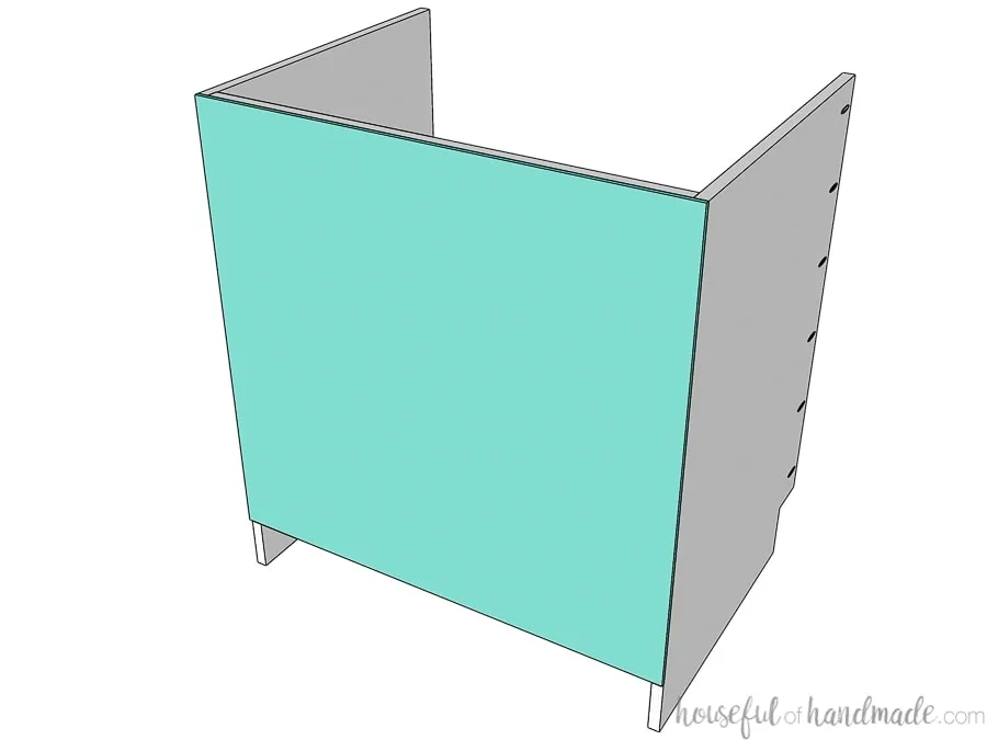 Sink base cabinet box 3D drawing with optional back panel attached. 