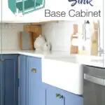3D drawing of farmhouse sink base cabinet and photo of the completed photo with apron sink installed.