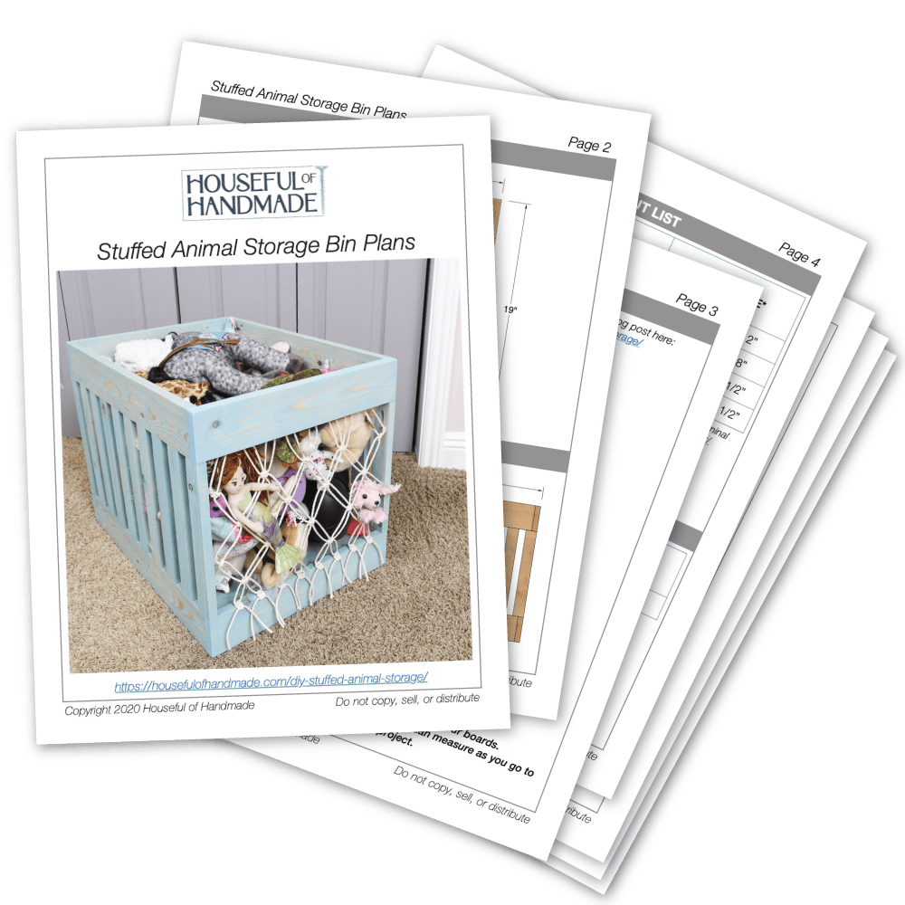 PDF plans for a stuffed animal bin with macrame front.