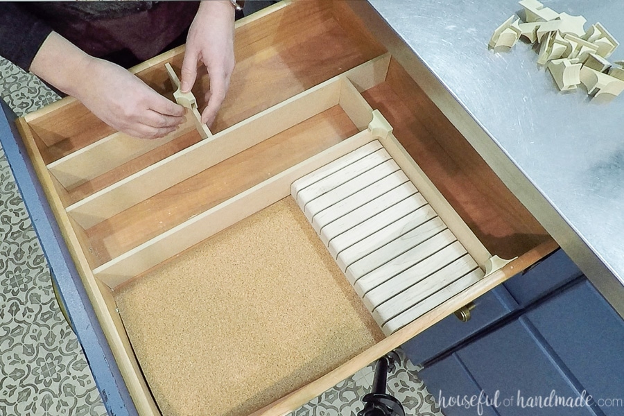 Laying the strips of MDF into the drawer and securing with the different wood clips. 