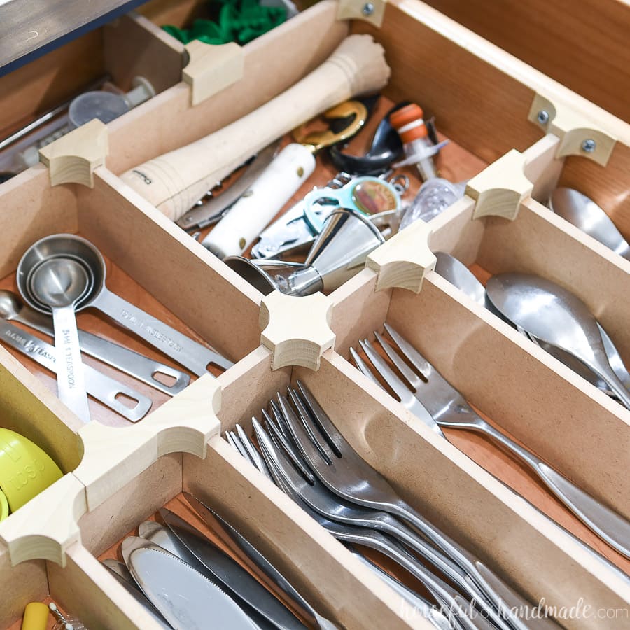 Organized drawer with wood DIY drawer dividers.