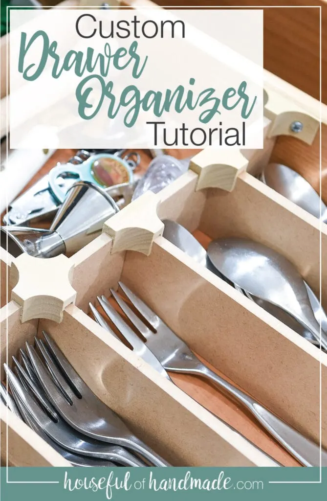 Kitchen drawers organized with DIY drawer dividers held together with carved wood clips. 