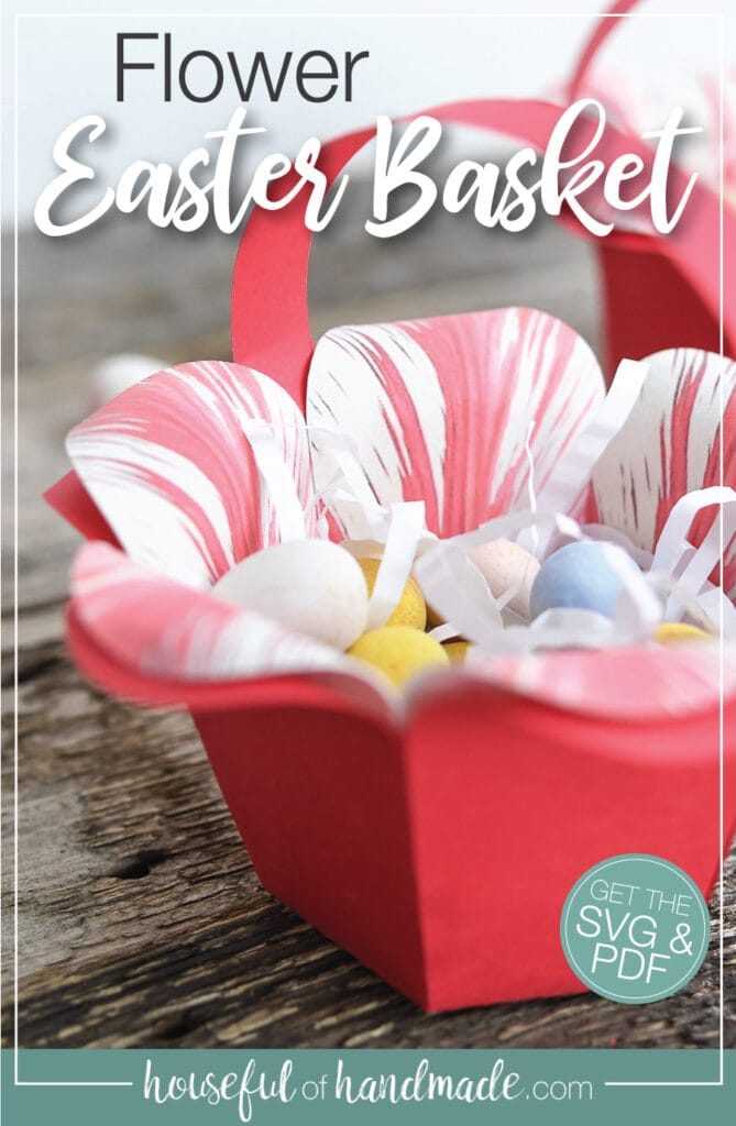 Close up of the flower easter basket with text overlay.