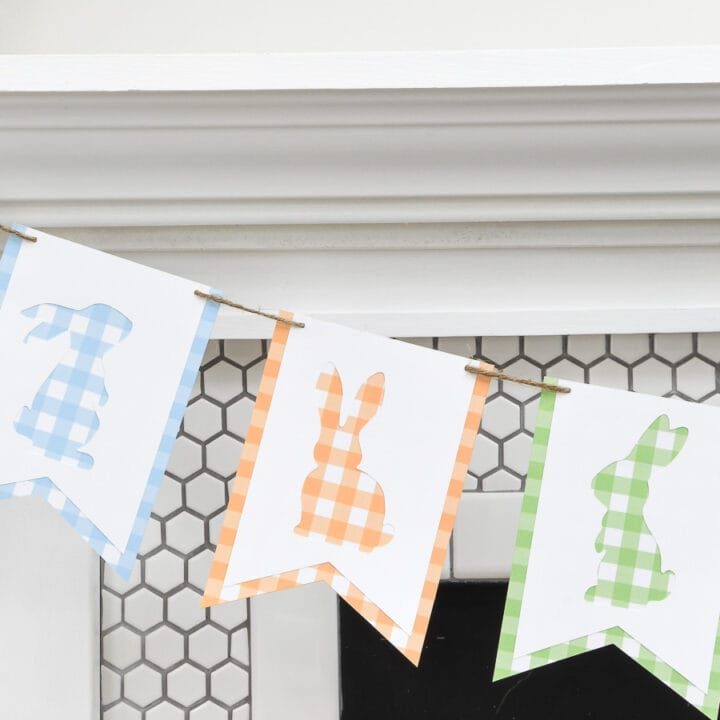 Close up of the three bunny cut-outs in the gingham check banner.