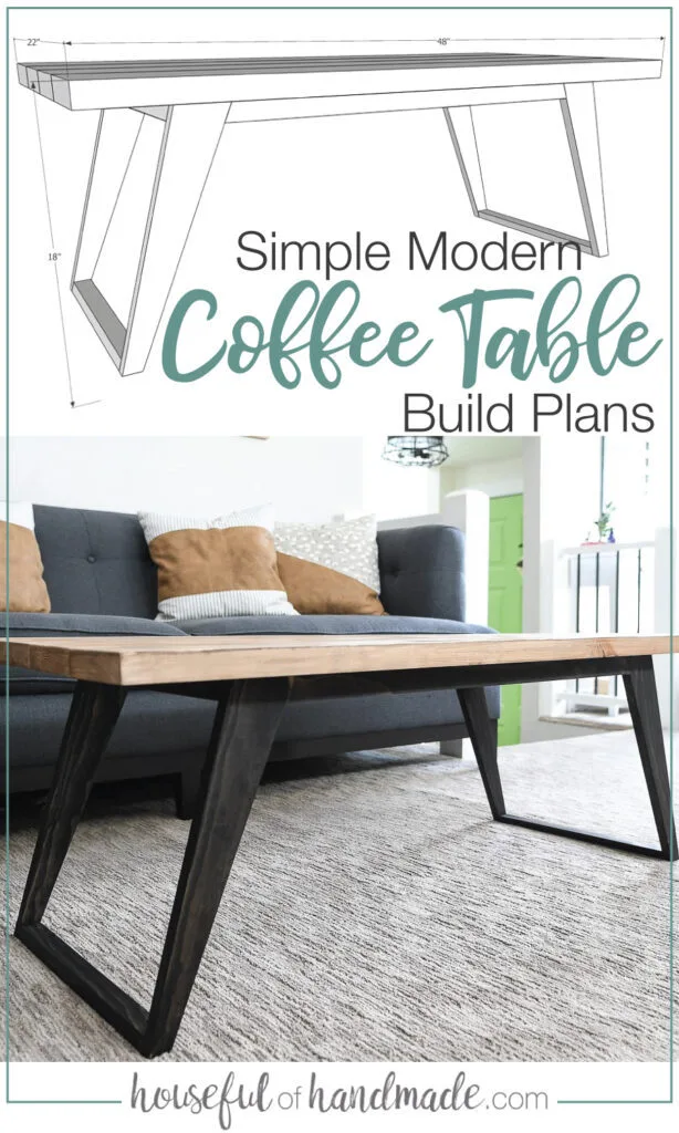 3D SketchUp drawing of the modern coffee table build plans next to completed coffee table.