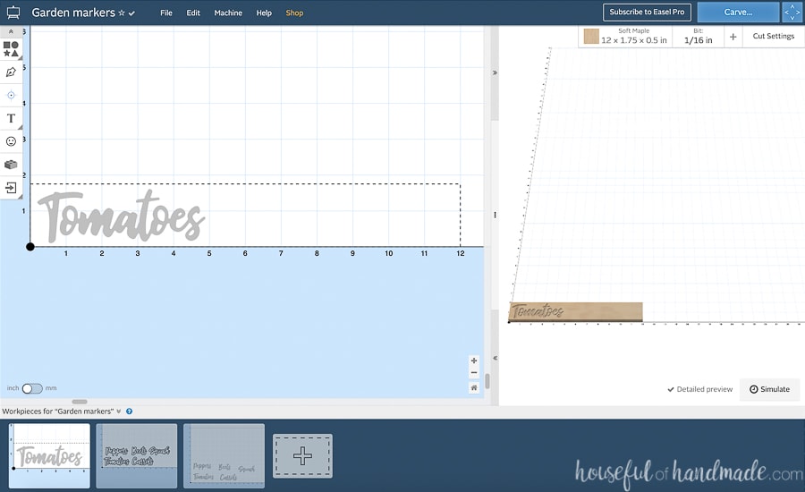 Easel file opened showing 3 workpieces for inlay garden markers.