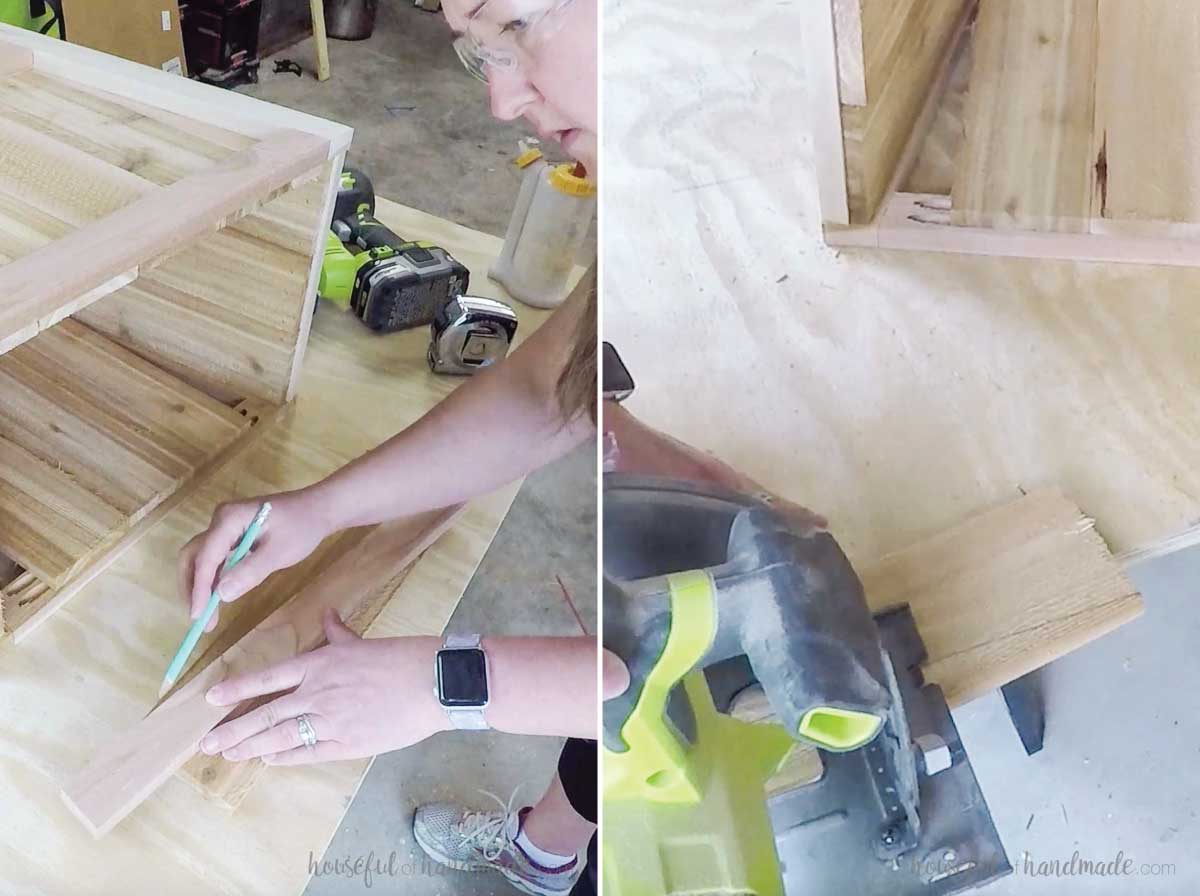 Drawing and cutting the angle on the cedar fence picket. 