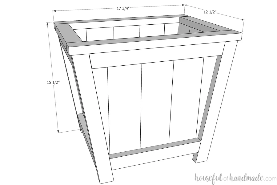 3D sketch of the tapered planter with dimensions noted. 