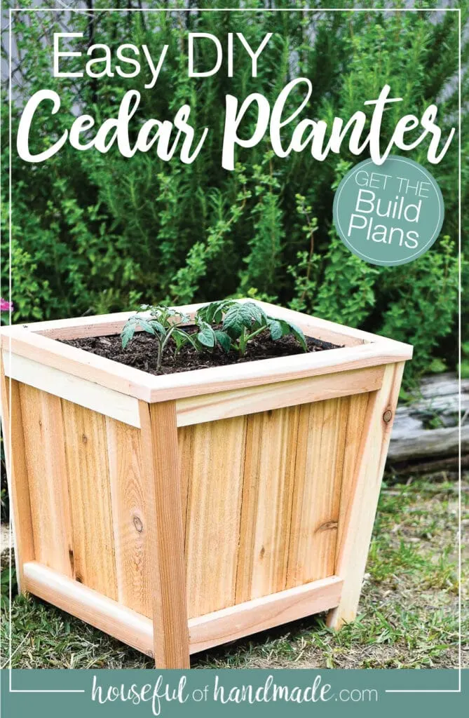 DIY cedar planter with taper on the bottom and word overlay.