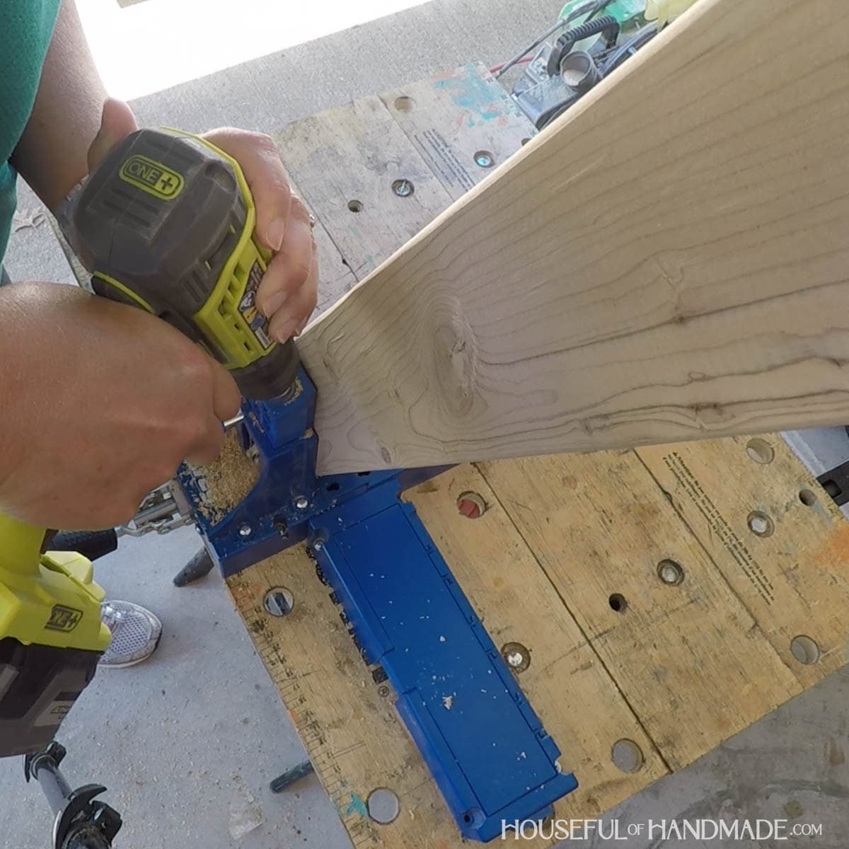 Using a Kreg jig to drill pocket holes.