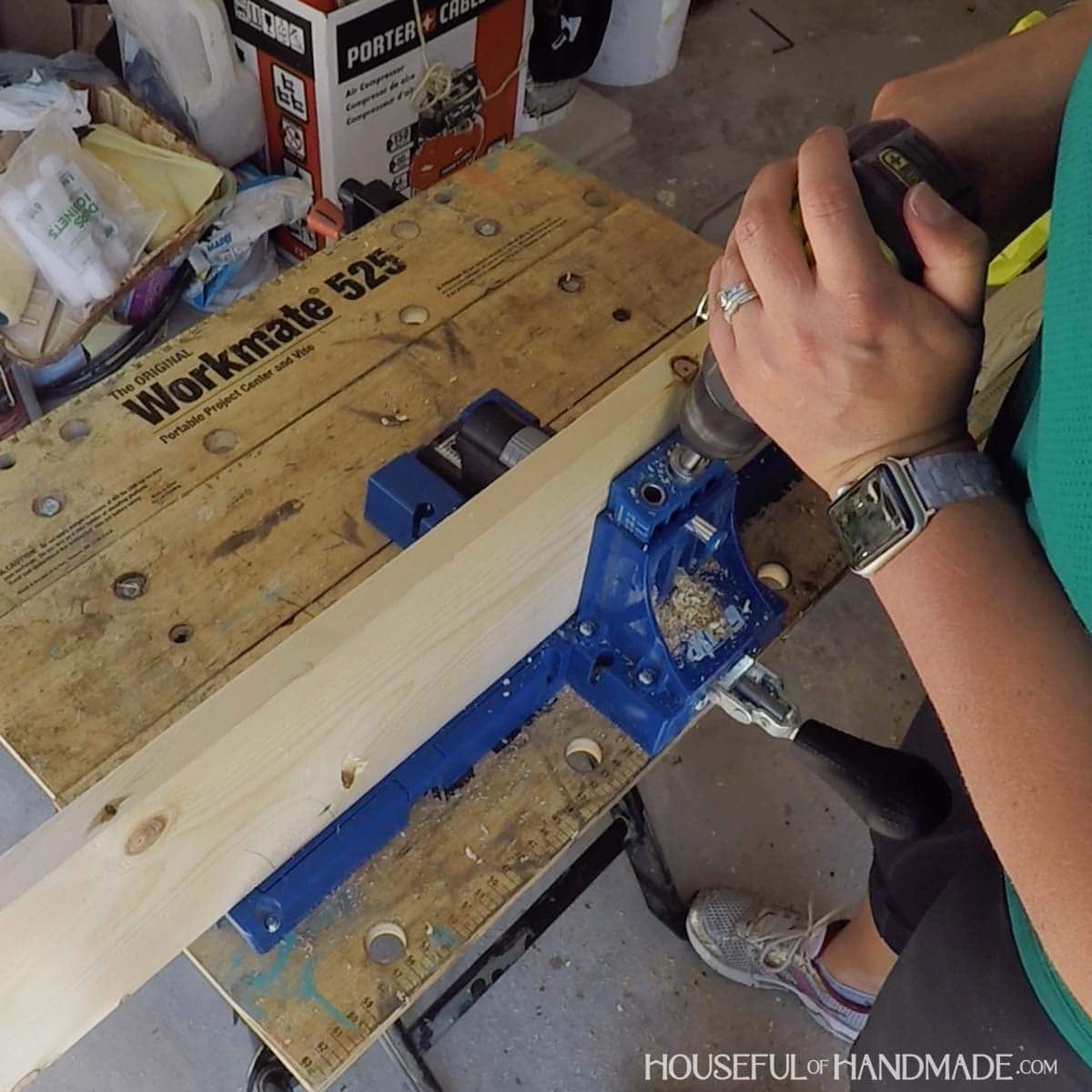 Drilling pocket holes in desk top boards.