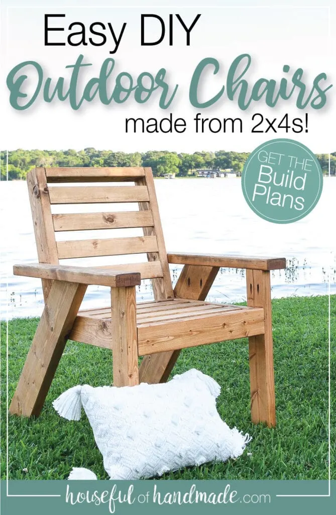 Wooden outdoor chairs built from 2x4s on the lawn. 