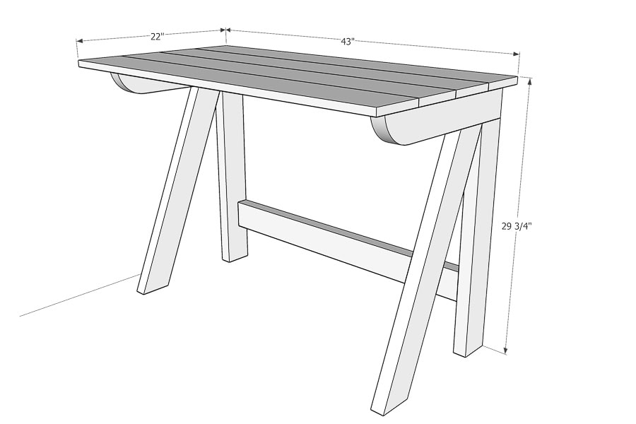 3D sketch of the folding desk with dimensions noted. 