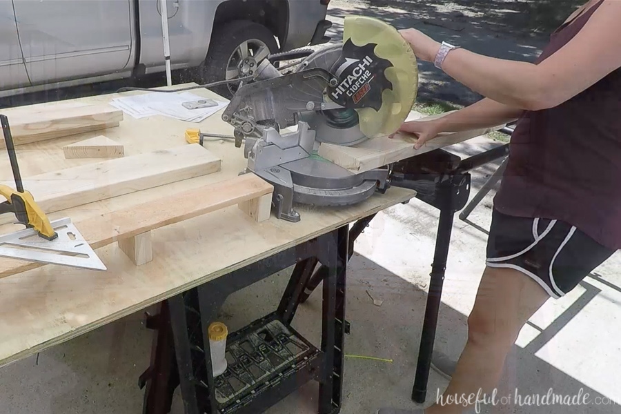 Cutting the angled piece of 2x6 for the back leg of the lounge chair. 