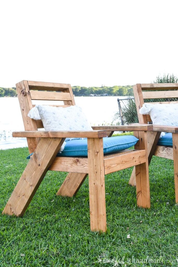 Close-up view of the side of the modern Adirondack outdoor chair.