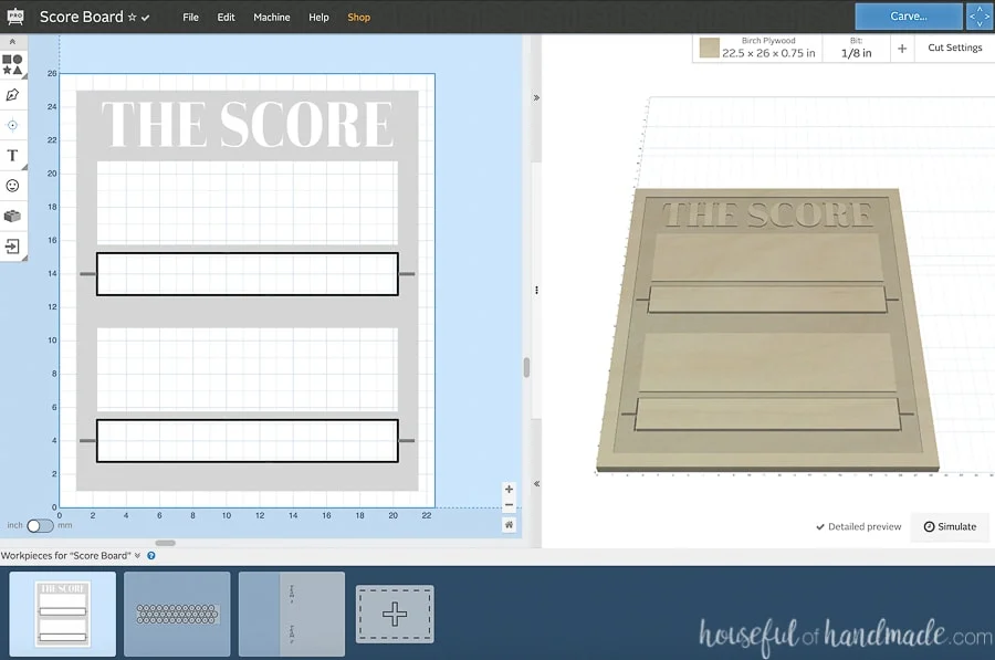 Easel screenshot of the three workpieces for the scoreboard DIY.
