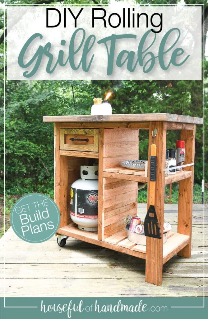 DIY grill cart on wheels with text overlay.