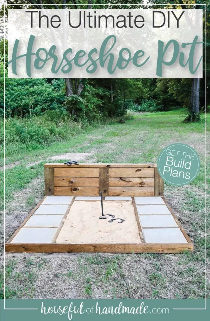 Picture of the completed DIY horseshoe pit set into the yard with text above it. 