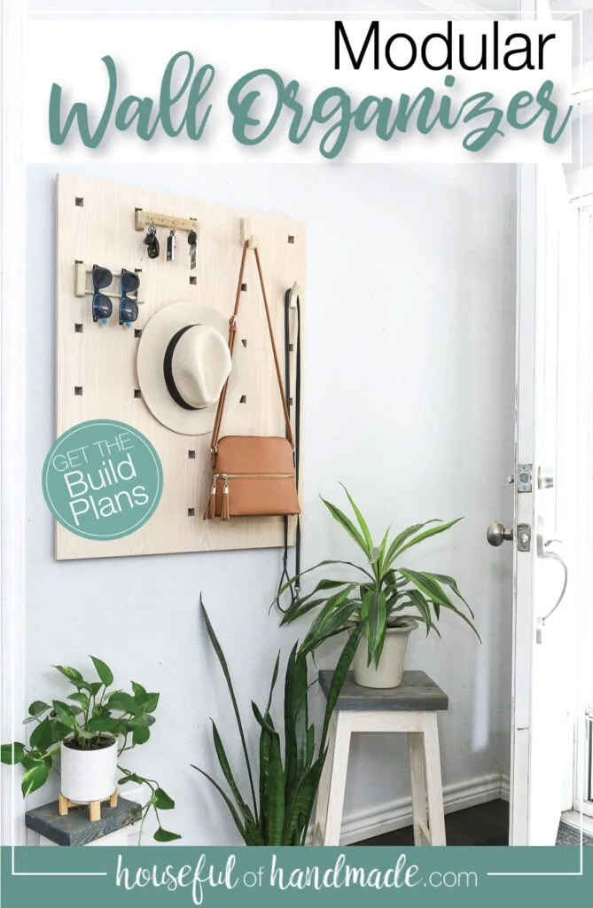 Modular wall organizer hanging in the entryway with text overlay. 