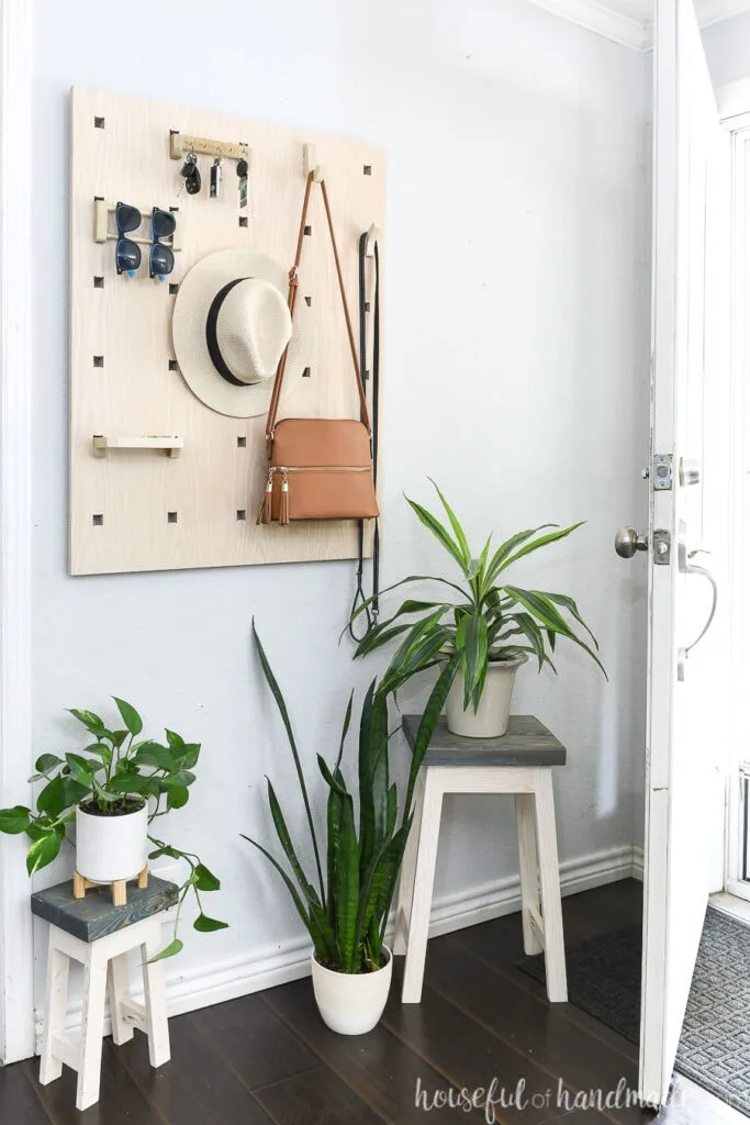 Entryway organizer with hooks to hold purses, hats, sunglasses, keys and a tray for emptying your pockets hanging on a wall above house plants.