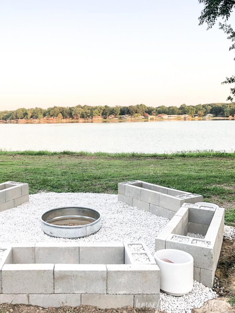 Looking from the back of the DIY fire pit bases onto the lake view.