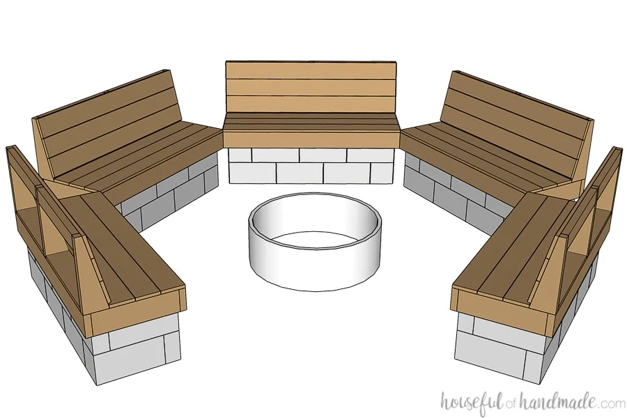 3D SketchUp drawing of the completed hexagon shaped fire pit area with seating. 