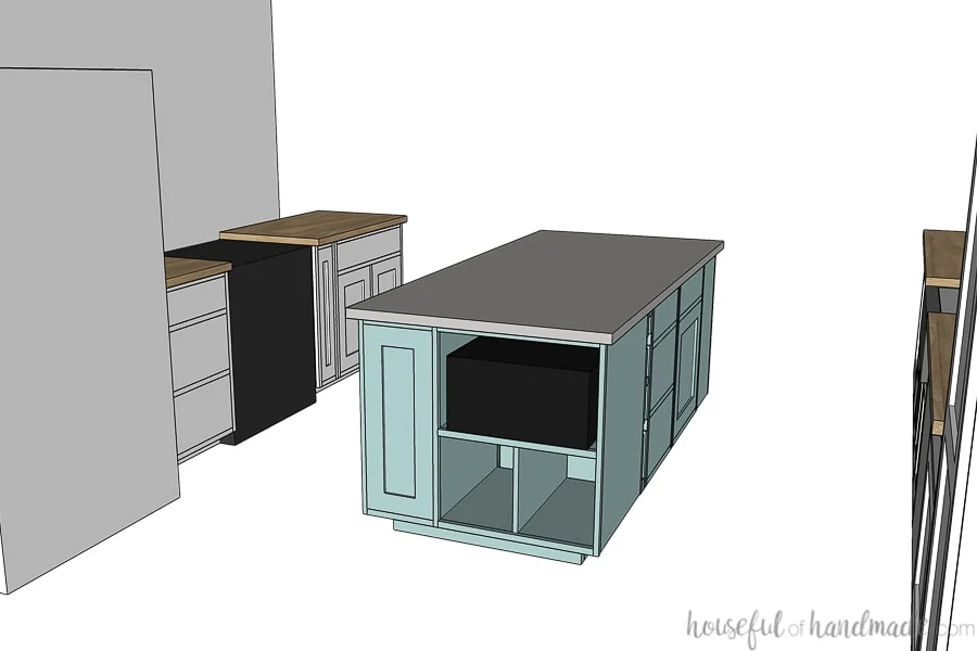 3D drawing of the back of the kitchen island and looking over the fridge & stove side of the kitchen. 