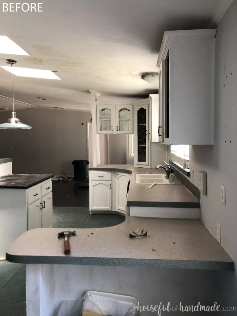 View of the lower desk level of the before kitchen. 