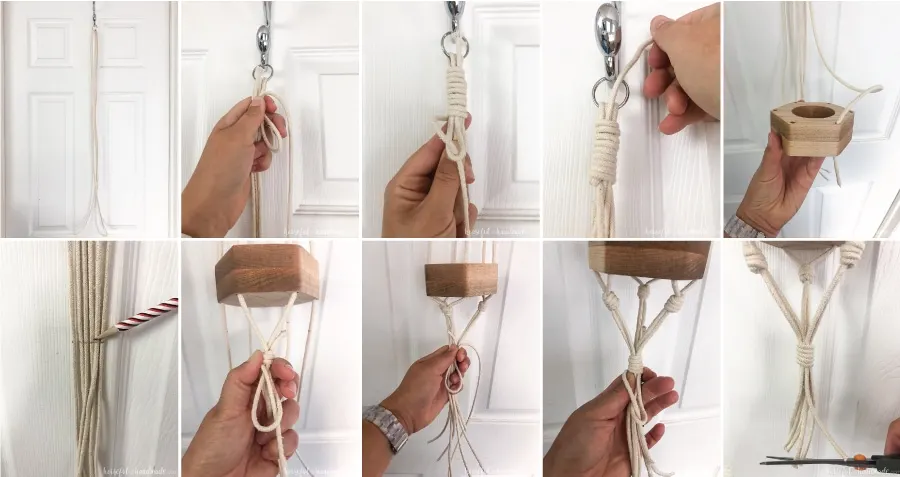 Ten pictures showing how to tie the macrame air plant holder around the hexagon wood base. 