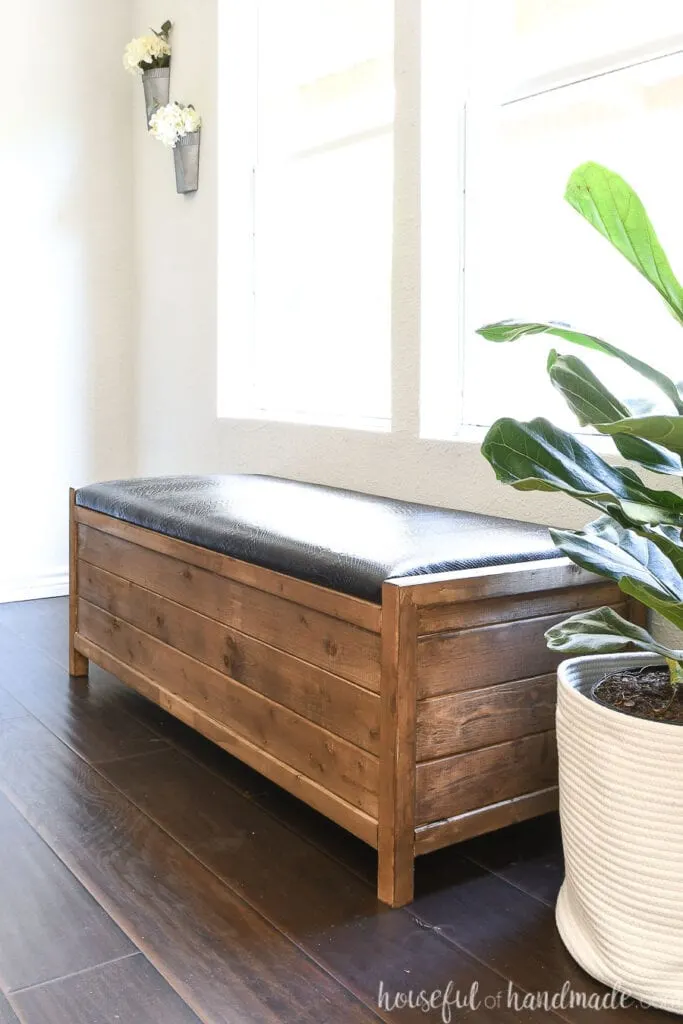 Brown and black farmhouse storage bench against light gray walls next to a fiddle leaf fig tree. 