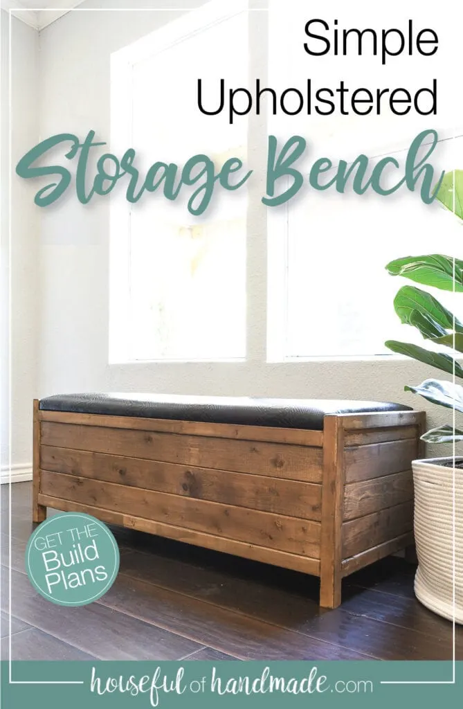 Wood storage bench with black upholstered top in front of a window with text overlay.