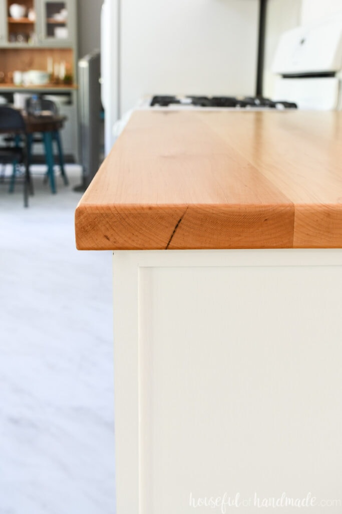 Showing the tight end grain of the maple boards used for the DIY wood countertop.