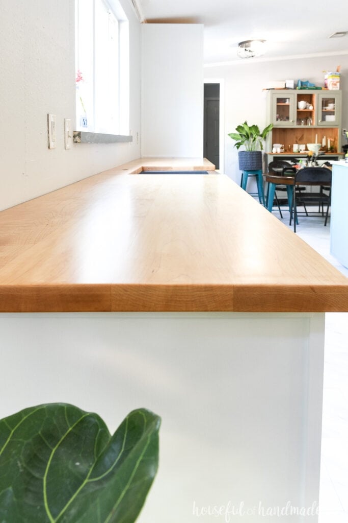 Side view of the thick maple countertops on the sink side of the kitchen.