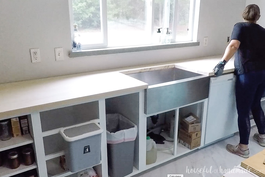 Test fitting the DIY countertop after being cut out on top of the cabinet carcasses. 