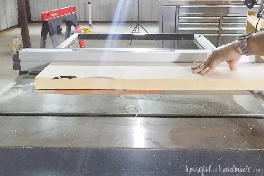 Ripping thick maple boards on a table saw. 