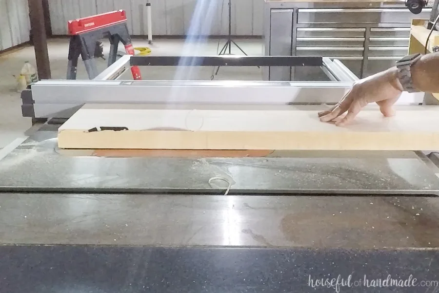 Ripping thick maple boards on a table saw.