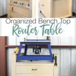 Three photos of the organized bench top router table (front and both sides) in a collage with text overlay "Organized Bench Top Router Table, Get the Build Plans".