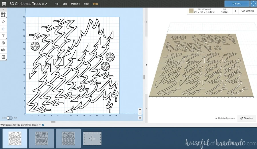 Screenshot of the 3D Wood christmas tree cut files open in the Easel program for the X-carve CNC machine. 